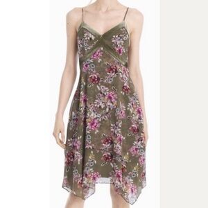 $15! White House Black Market Olive Green Floral Tiered Handkerchief Dress